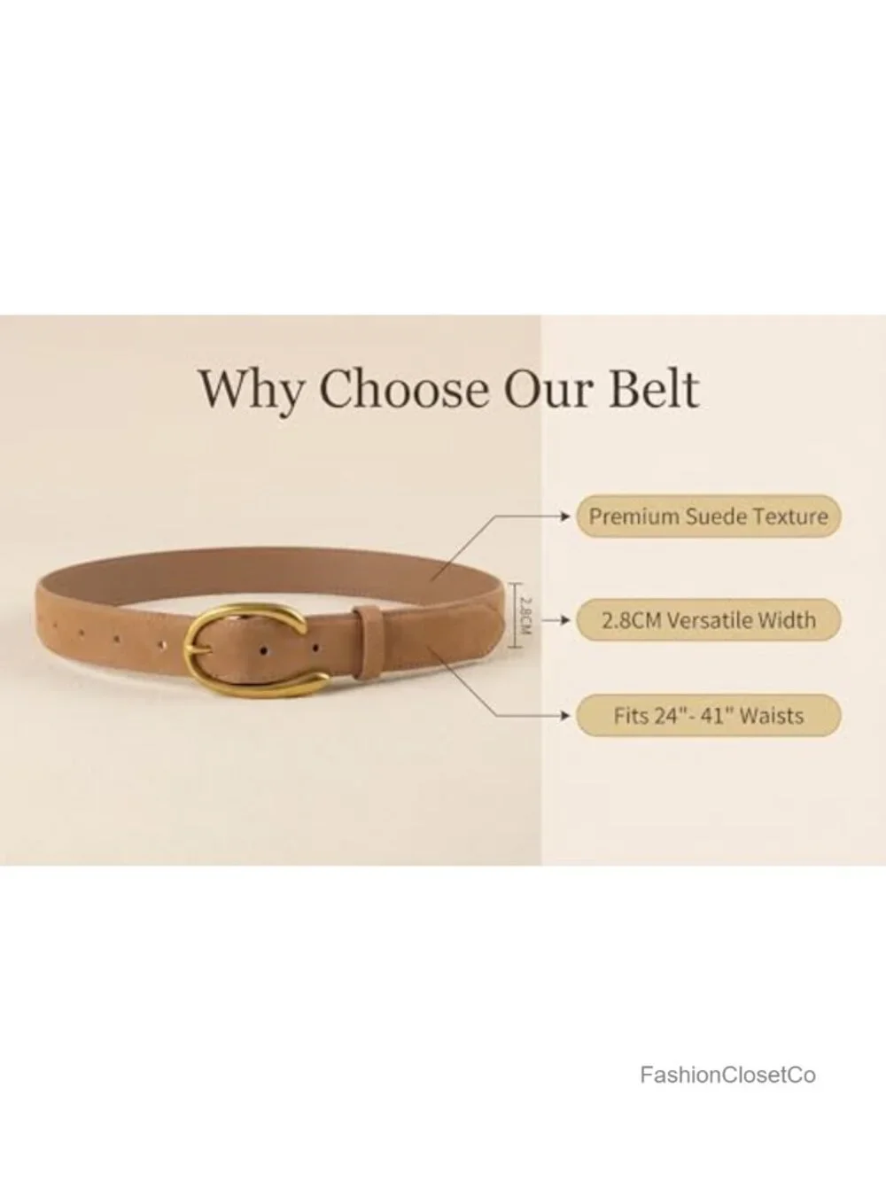 Women's Leather Belt with Gold Buckle - Fashion Suede Belt for Jeans & Dresses